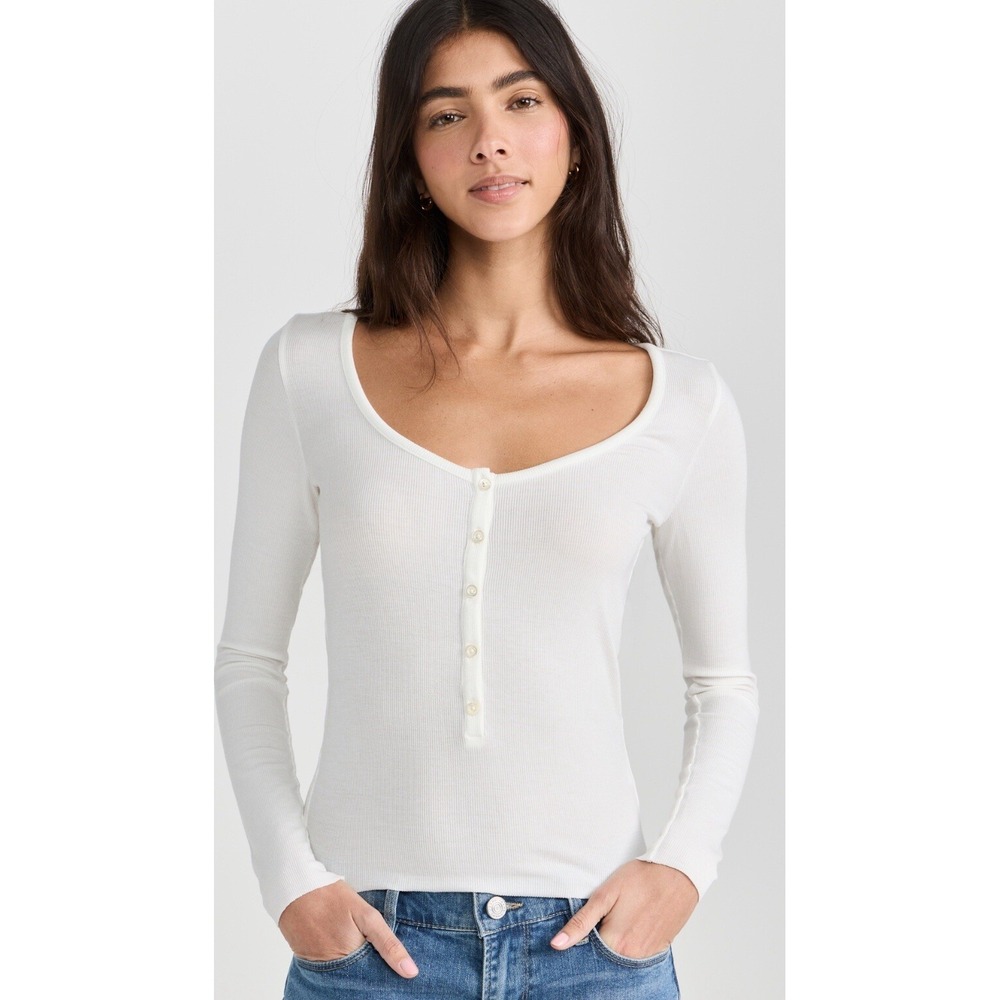 FRAME‎ Long Sleeve Scoop Neck Henley. Button Long Sleeve Shirt. White NWT Sz M